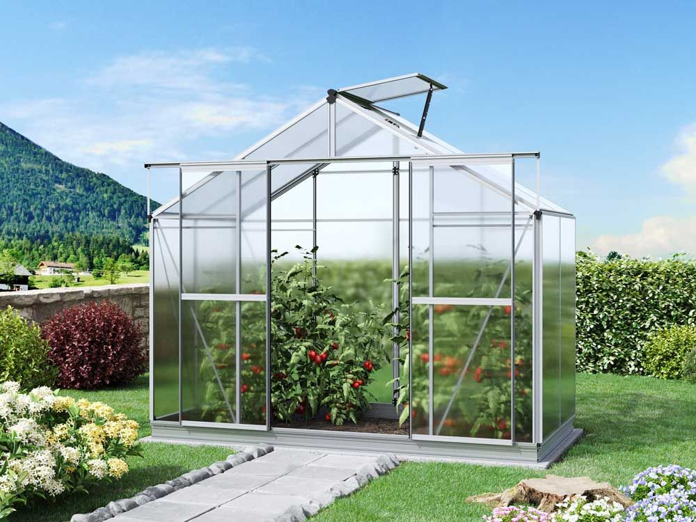 Die Frontansicht des Gewaechshauses Orchidee 2 enthüllt eine moderne Struktur und hochwertige Materialien, die eine optimale Pflege der Pflanzen ermöglichen.