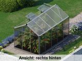 Die rechte hintere Ansicht des Gewaechshauses Jasmin 5 unterstreicht die Stabilität der Konstruktion und den Einsatz hochwertiger Materialien für eine langanhaltende Haltbarkeit.