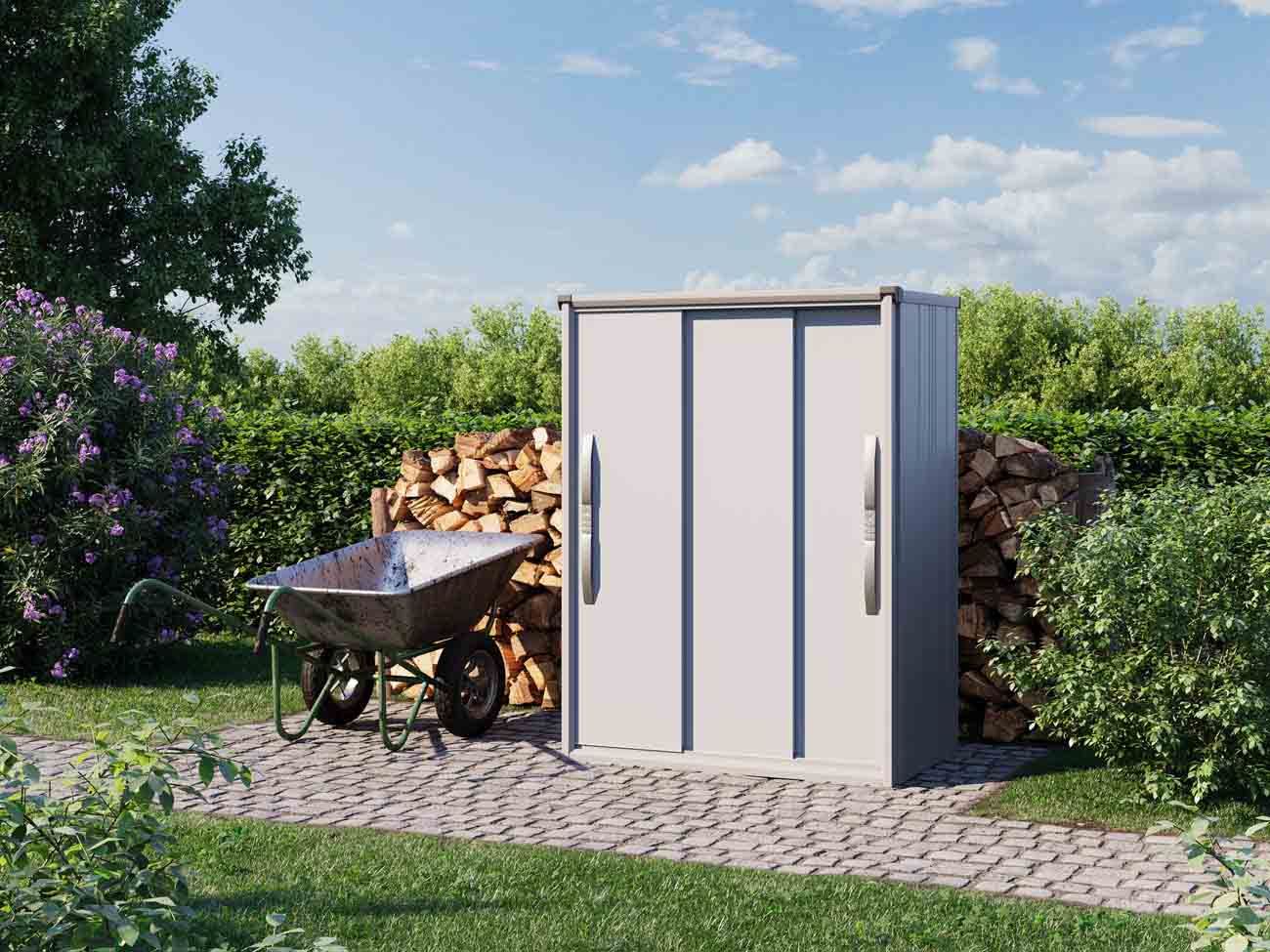 Moderner Geraeteschrank 'Florian_1207' mit geschlossenen Grauen Tueren, ideal für Aussenbereich. Geschlossene Tueren bieten Schutz und moderne Aesthetik. Perfekt für ordentliche Aufbewahrung im Garten oder auf der Terrasse.